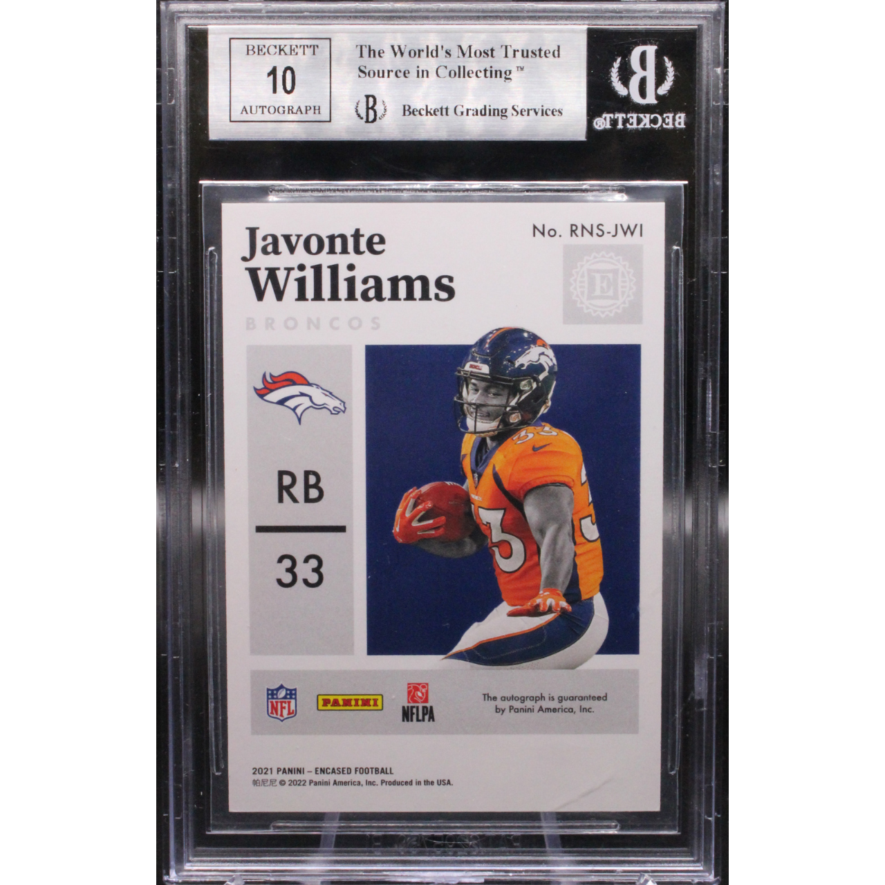 2021 Panini Encased Footballl - Javonte Williams RNS-JWI - Rookie Notable Signatures /25 - Beckett 9