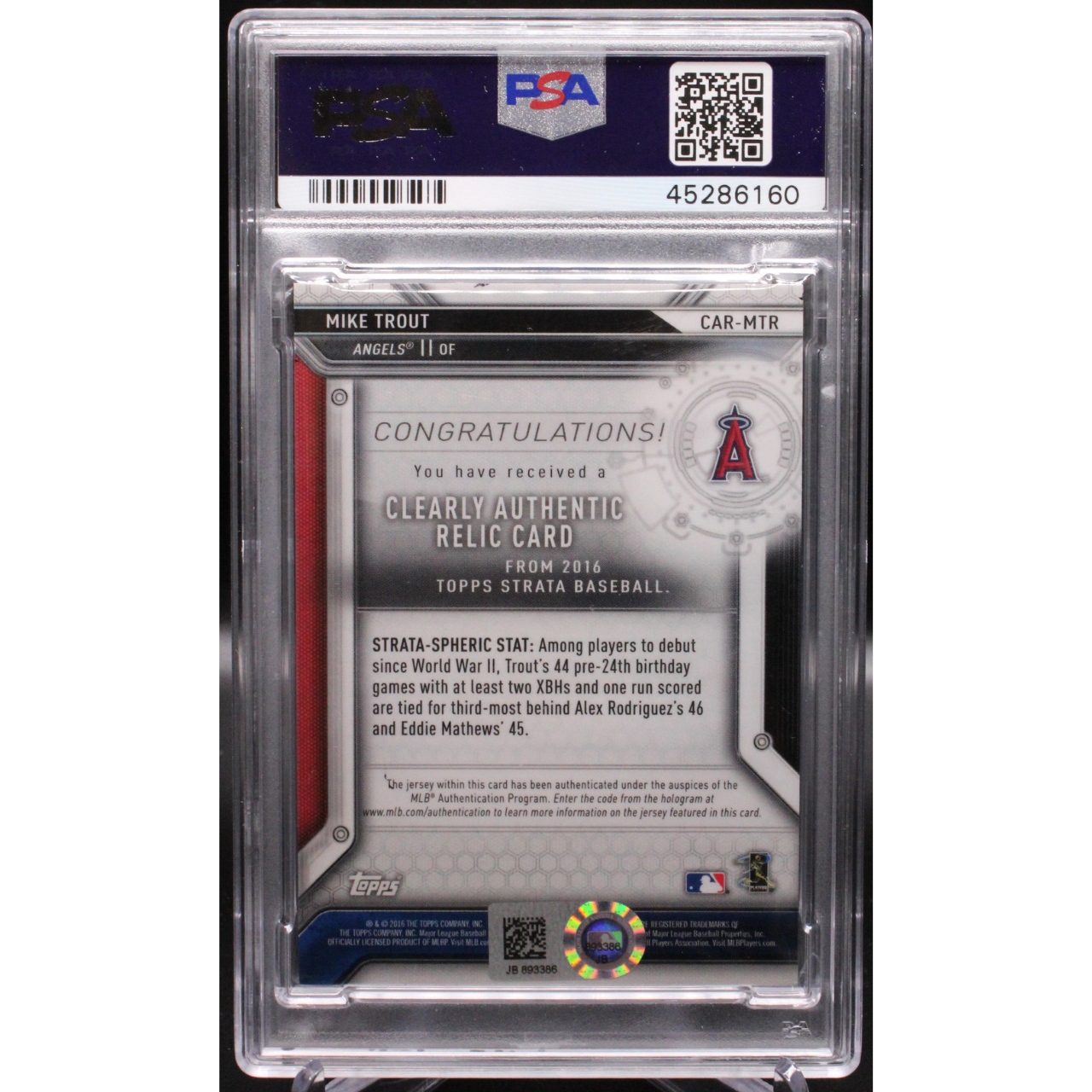 2016 Topps Strata - Mike Trout CAR-MTR - Clearly Authentic Relic Cards - PSA Authentic Auto 10
