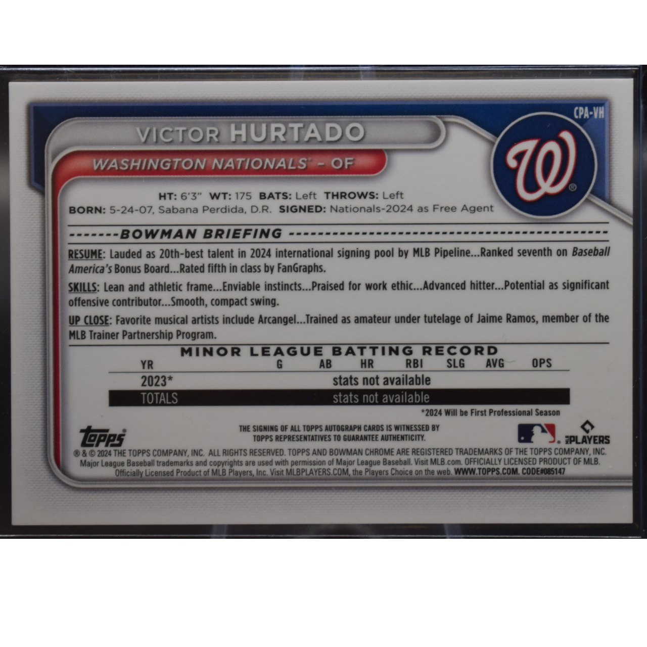 2024 Topps Bowman Chrome - Victor Hurtado CPA-VH - 1st Bowman Blue reptilian Auto /150