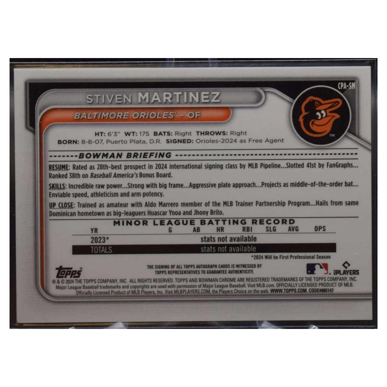 2024 Topps Bowman Chrome - Stiven Martinez CPA-SM - 1st Bowman Purple Auto /250