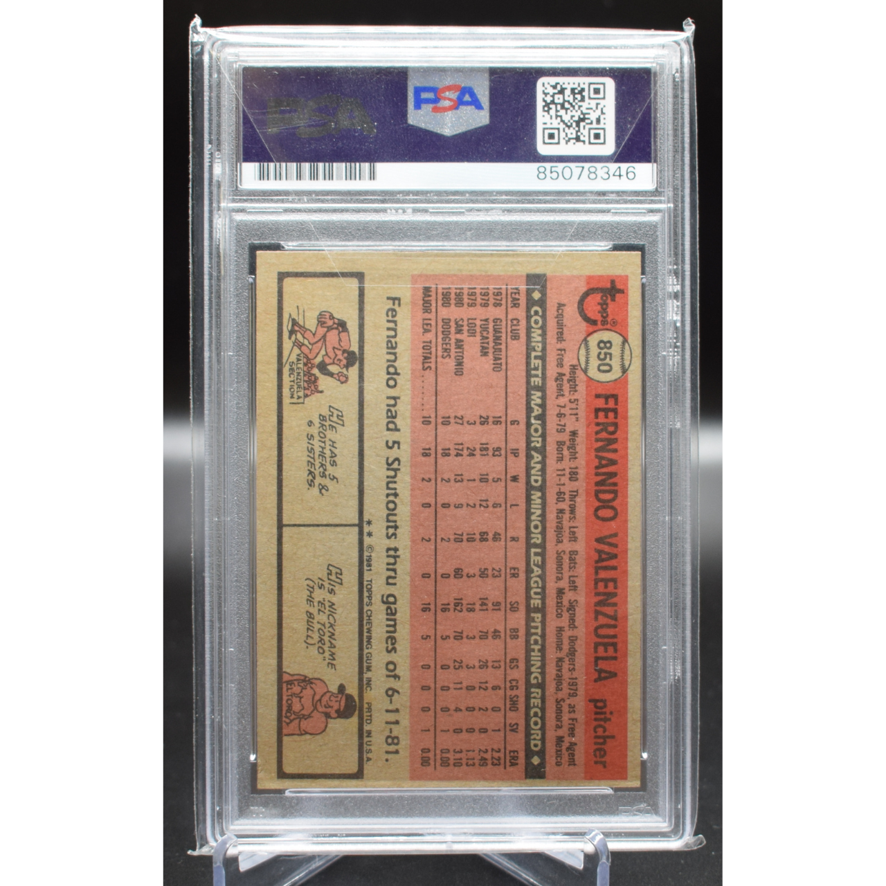 1981 Topps Baseball - Fernando Valenzuela 850 - PSA Authentic Auto