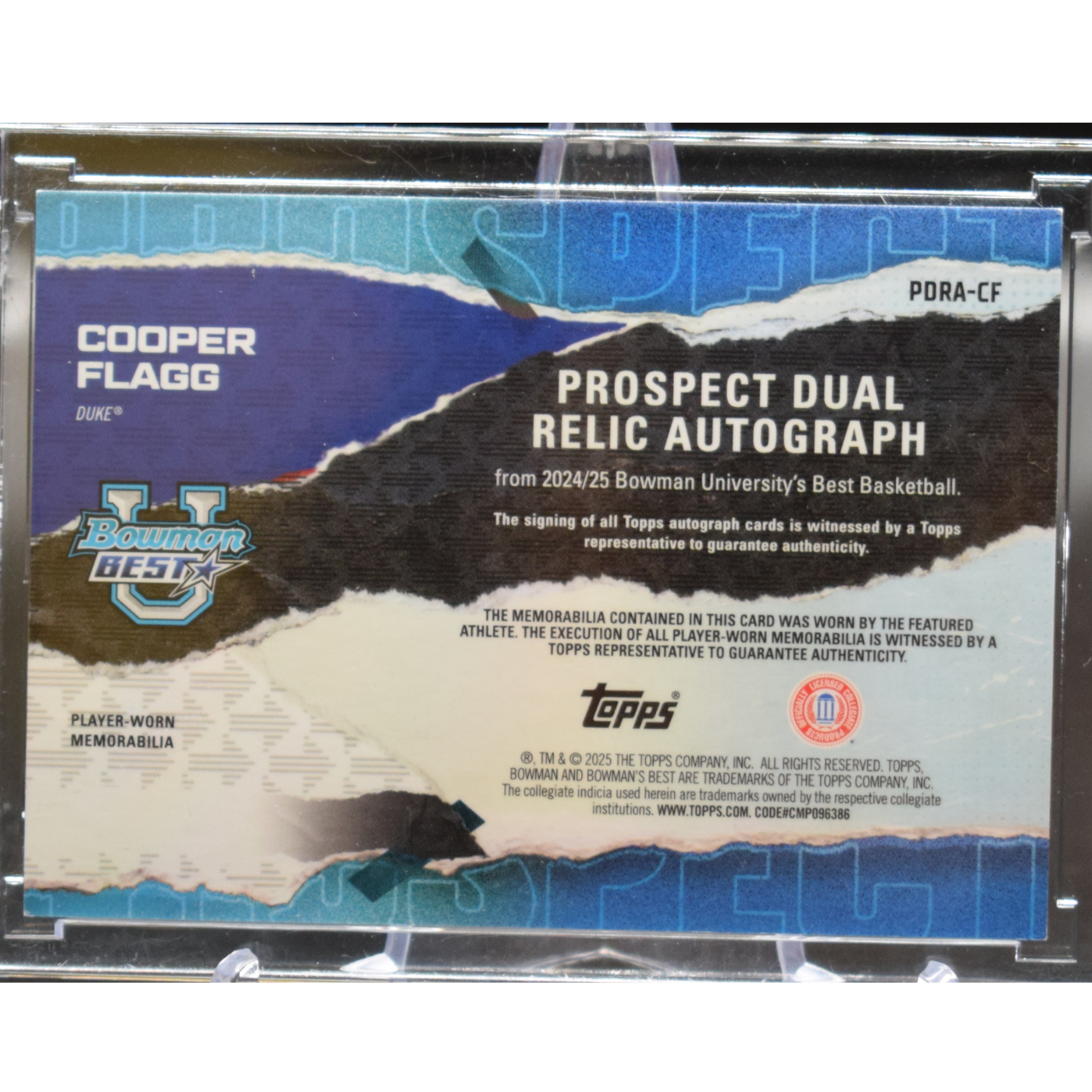 2025 Topps Bowman's Best University - Cooper Flagg PDRA-CF - Orange Diamond Dual Relic Autograph /25
