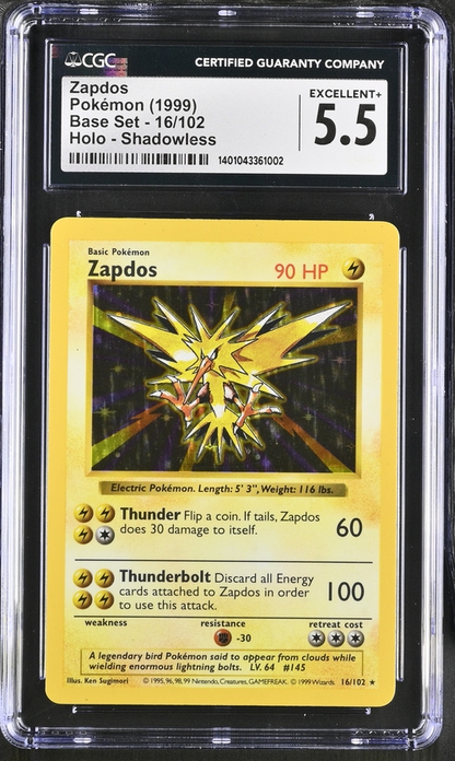 Zapdos - 16/102 - Base Set (Shadowless) - 1999 Pokemon - CGC 5.5