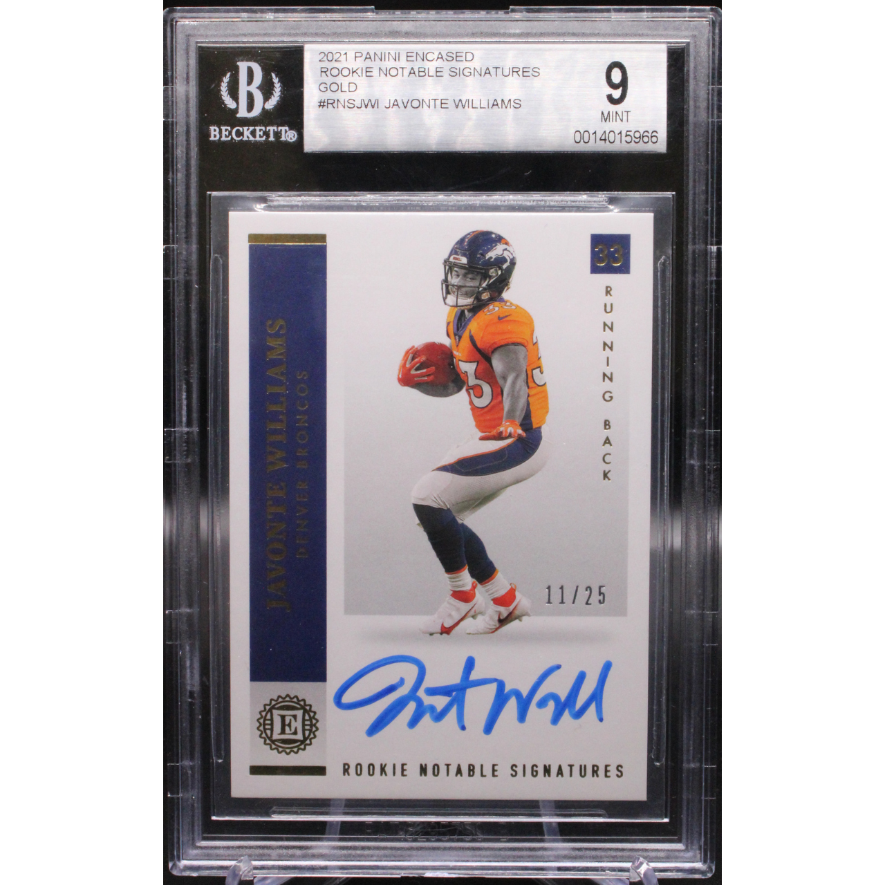 2021 Panini Encased Footballl - Javonte Williams RNS-JWI - Rookie Notable Signatures /25 - Beckett 9