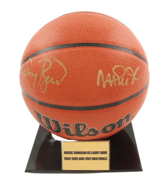 Larry Bird & Magic Johnson Autographed Signed NBA Basketball With Display Stand (PSA & Beckett)