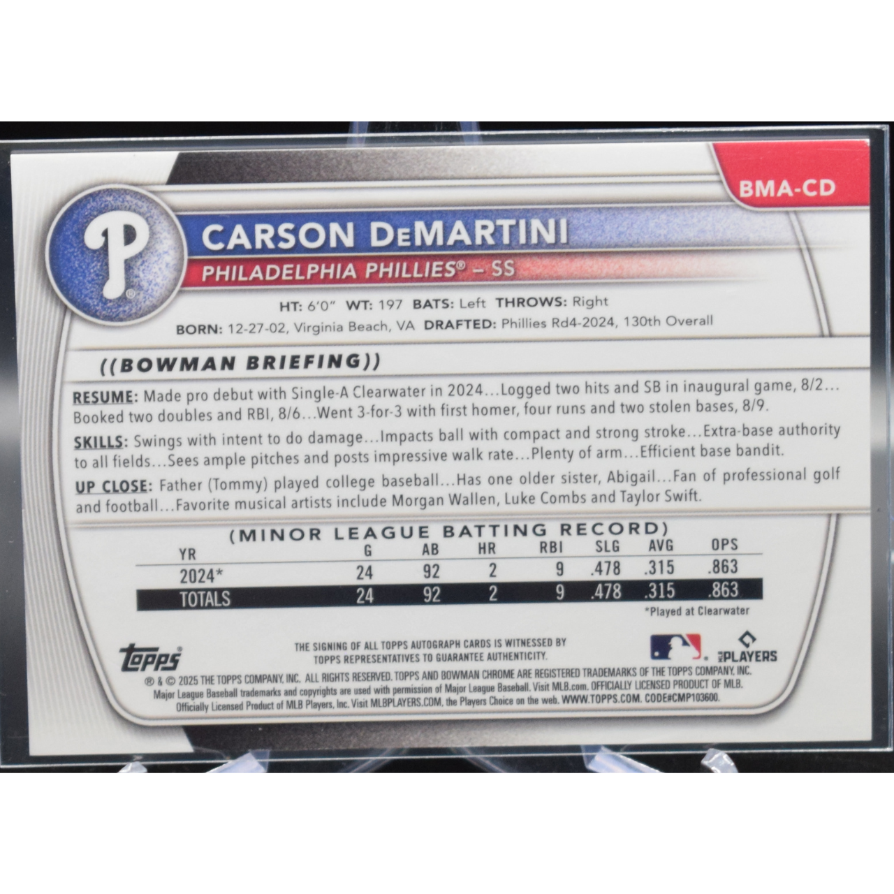 2025 Topps Bowman Chrome - Carson Demartini BMA-CD - Gold Mojo Auto 50/50