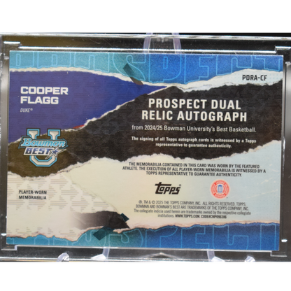 2025 Topps Bowman's Best University - Cooper Flagg PDRA-CF - Orange Diamond Dual Relic Autograph /25