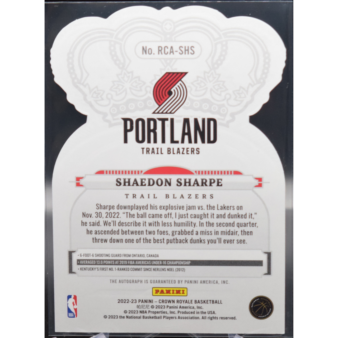 2022 Panini Crown Royale Basketball - Shaedon Sharpe RCA-SHS - Purple Auto /25