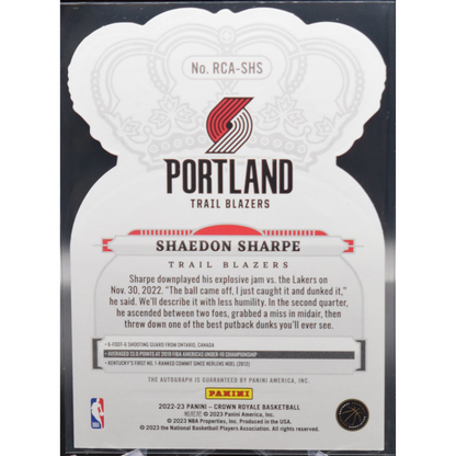 2022 Panini Crown Royale Basketball - Shaedon Sharpe RCA-SHS - Purple Auto /25