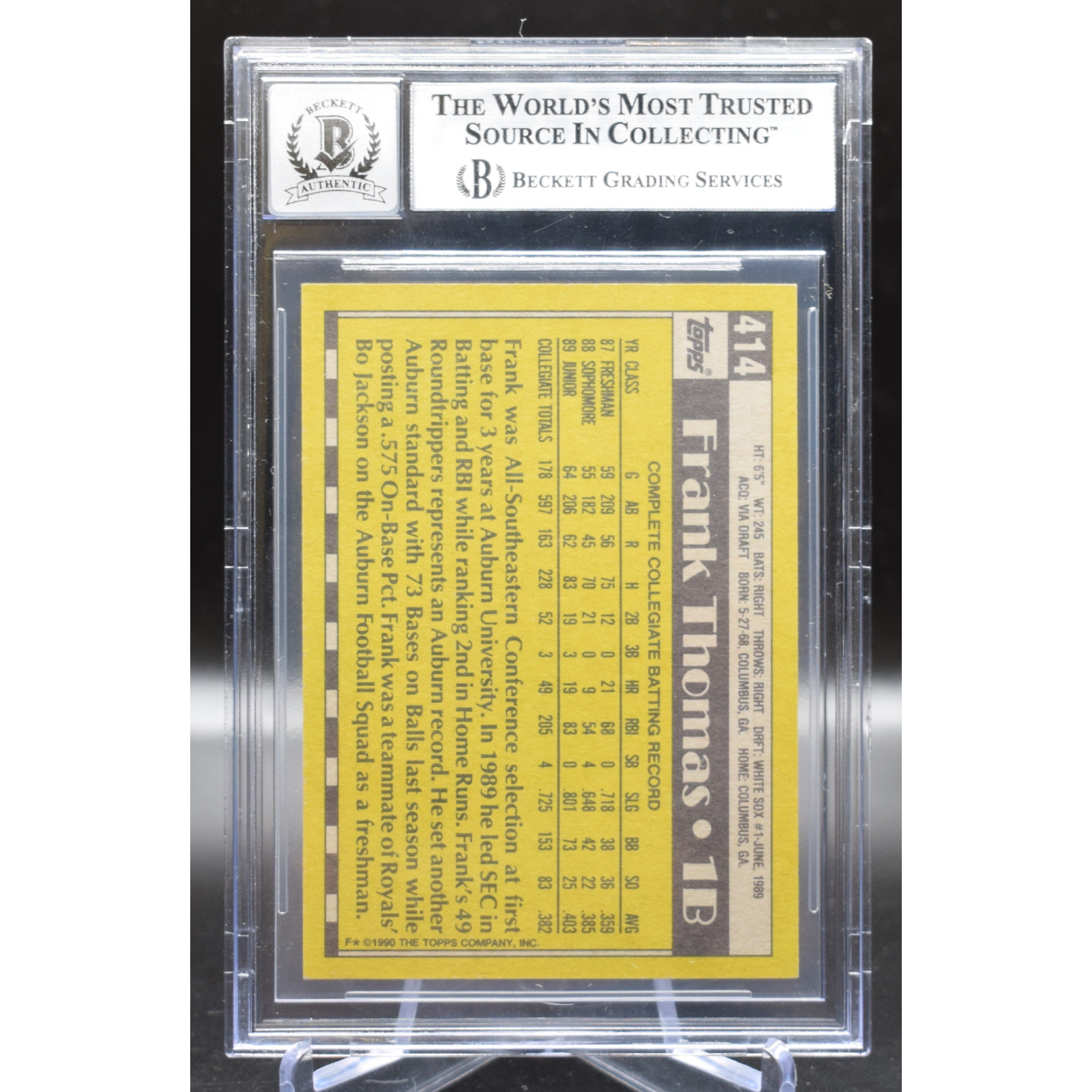 1990 Topps - Frank Thomas #414 - Authentic Autograph - Beckett 10